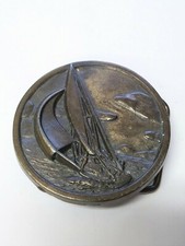 Vintage 1970s Sailboat Round Belt Buckle Brass Sailing Nautical Sea Ocean