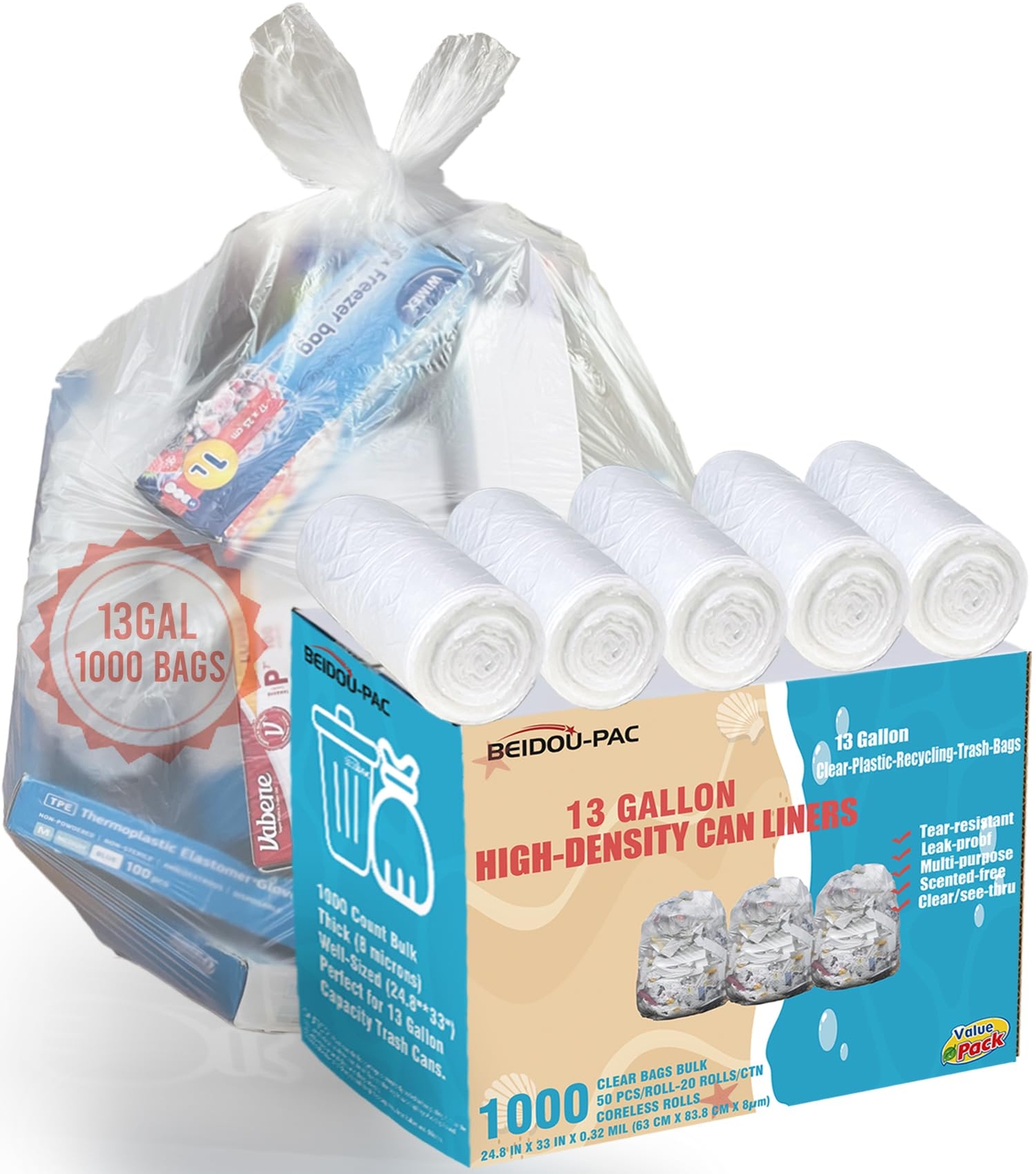 Trash Bags 13 Gallon, 1000 Count Bulk Value Pack, Clear Plastic Recycling Gar...