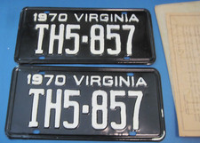 Matched Pair 1970 Virginia License Plates DMV clear