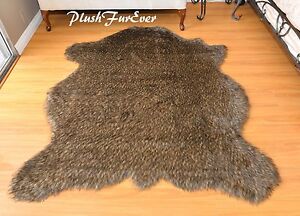 60 x 72 Black Tip Coyote Accents Faux Fur Area Rug Classic Bearskin PlushFurEver
