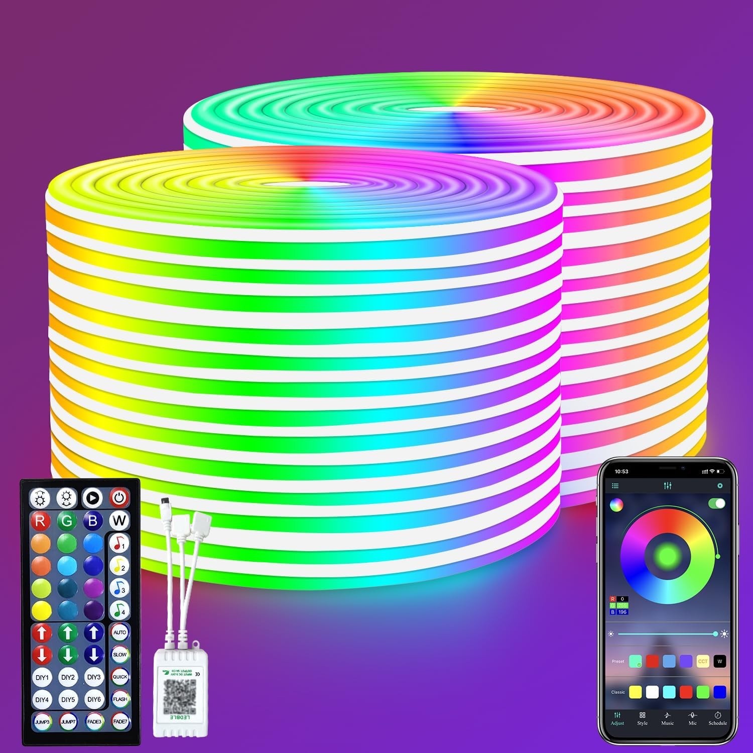 RGB Rope Light LED Neon Lights Strip 30M with Remote,App Control,24VStrip IP65