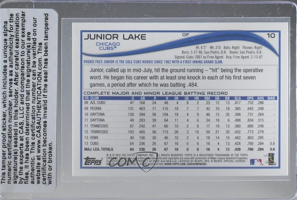 CAS Certified 2014 Topps Junior Lake #10 Sealed Auto - Image 2 of 2