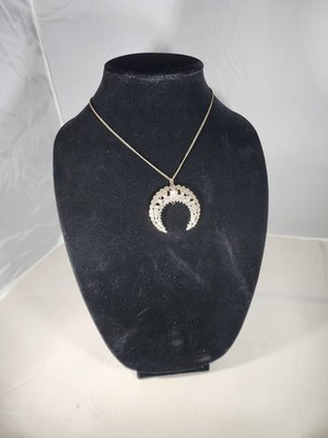 Gold Tone Crescent Moon Pendant Necklace   Floral Filigree Boho Celestial 