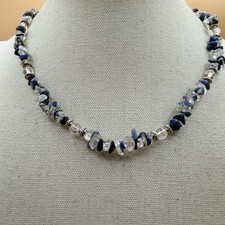 Blue Stone Clear Chip Bead Necklace Silver Tone Boho Layering Statement Gift