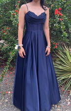 Prom gown dress, navy blue. size 3, satin, beaded, spaghetti straps, cross back