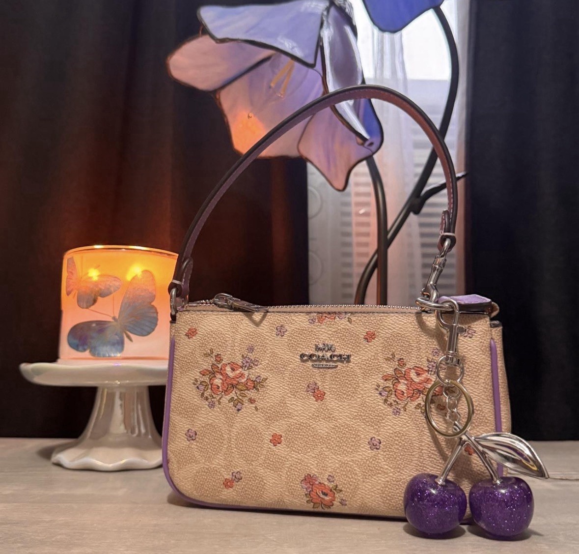 Coach Floral Bag Beige Purple with Cherry Charm | eBay