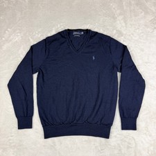 Polo Ralph Lauren Merino Wool Sweater Mens Medium Navy Blue V-Neck Preppy EUC