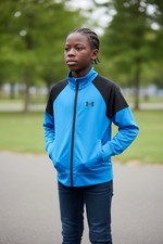 Under Armour Boys Track Jacket Blue Black Size 4 Full Zip Pockets
