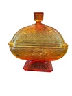 Vintage Jeanette Acorn And Oak Leaves Amberina Candy Dish Pedestal With Lid