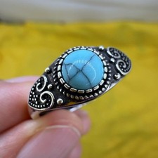 925 Sterling Silver Ring Turquoise 6mm Natural Blue Gemstone Jewelry Women Gift