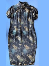 Vintage 60s Brocade Qipao Dress, Black, Small, 35" Waist