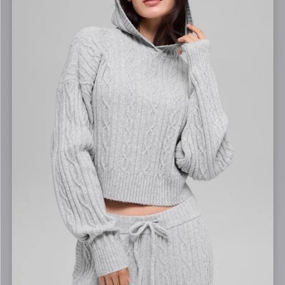 ALO Yoga Cable Knit Winter Bliss Cropped Hoodie Long Sleeve Gray 