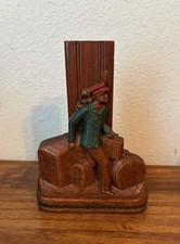 Antique Vintage Carved Wood Shoe Shine Bristle Brush Holder w Brush - 7.25"
