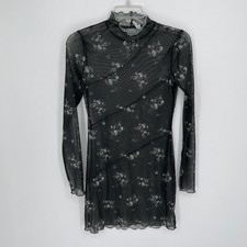 Arizona Jean Co Women's Black Floral Mesh Mock Neck Long Sleeve Dress Size M