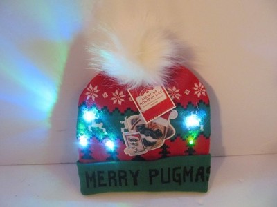 Holiday Time Light Up MERRY PUGMAN Holiday Faux Fur OSFM Beanie Hat - NEW