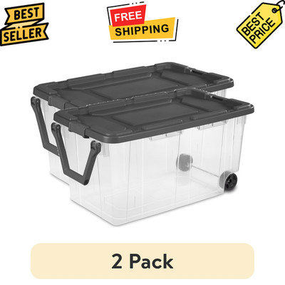 (2 pack) Sterilite 160 Quart Extra-Large Wheeled Storage Bin Dark Gray Clear 