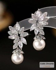 White Pearl Stud Earrings Statement Earrings Cubic Zirconia Wedding Bridal Prom