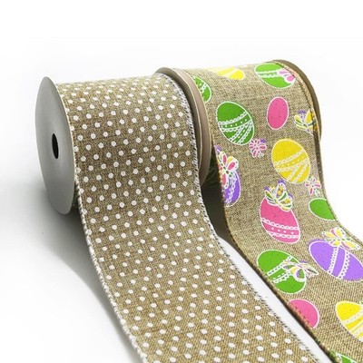 2 Rolls 2.5 x 5 Yds Easter Wired Ribbon, Burlap, Floral Eggs, Spring, Bows