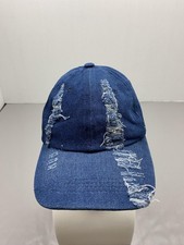 Hat Cap Strap Back One Size Blue Denim Distressed Frayed Mens Adjustable