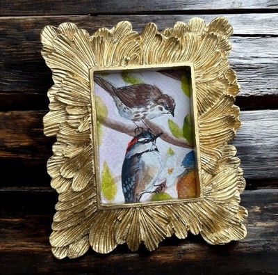 Sparrow & Downy Woodpecker mini watercolor print in vintage style ornate frame