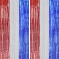 2 Pack 3.3x6.6 FT Red White Blue Foil Fringe Backdrop Shiny Tinsel Curtain