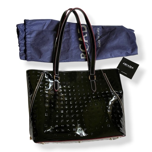 Arcadia Black Patent Leather Tote Shoulder Bag Embossed Pattern With Dust Bag - Picture 5 of 12