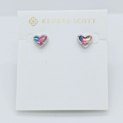 New Kendra Scott Ari Heart Silver Stud Earrings In Watercolor Illusion