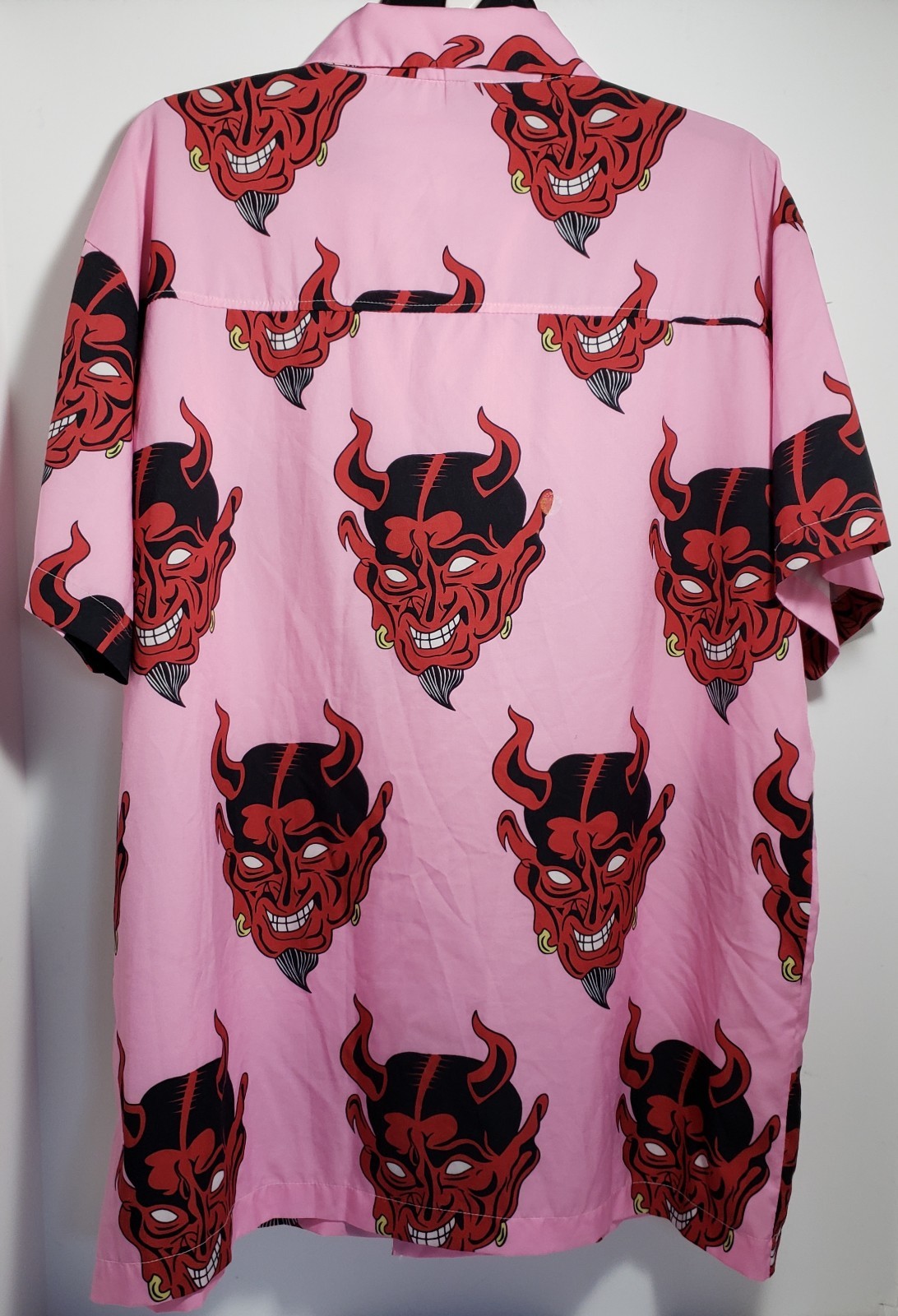 Polyester Pink & Red Devil Button-Down Short Slee… - image 7