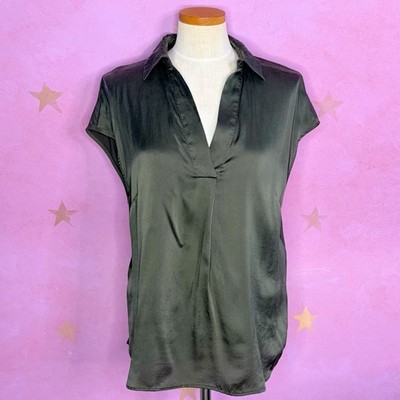 Mint Velvet Top Women Size Large Green Silk Capped Sleeve Shift Classy Feminine