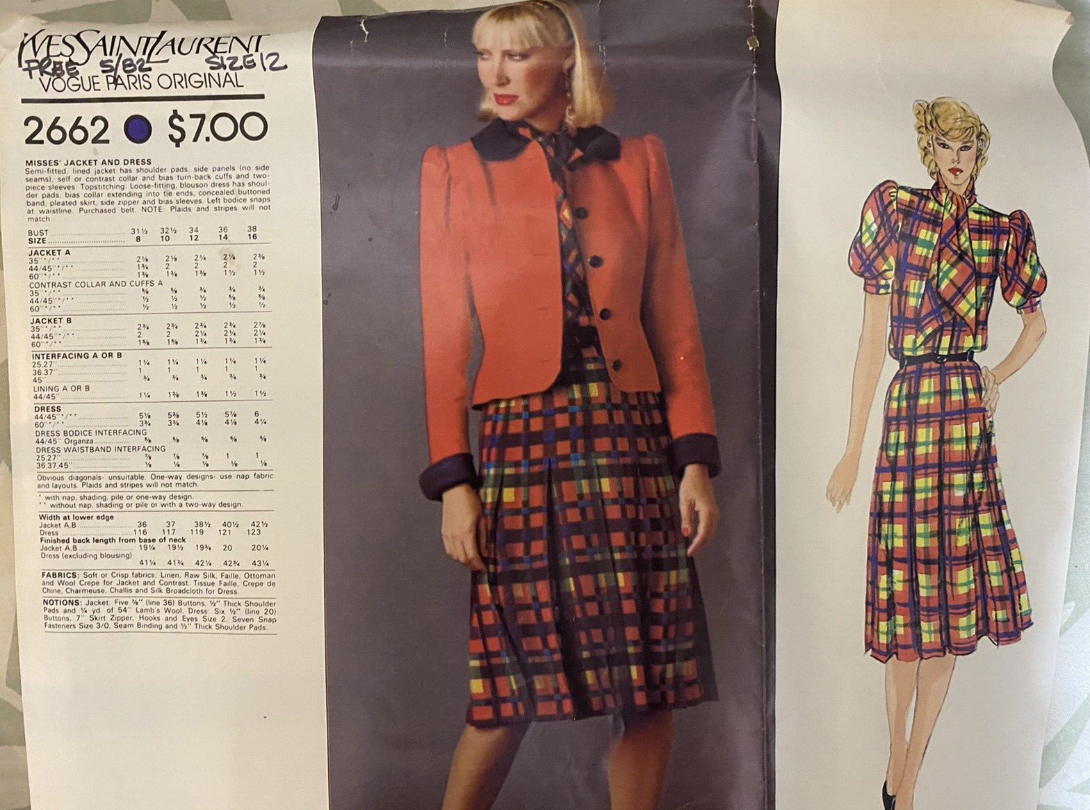 MOTIVO ORIGINALE VINTAGE VOGUE PARIS #2662 DI ""YVES SAINT LAURENT"" TAGLIA 12