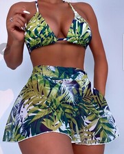 Women  s 3piece Swimsuit Set - 3Day Free Shipping- Medium Size-Green Leaf print