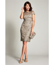 TADASHI SHOJI Smoked Pearl Gold Corded Embroidered Tulle Lace Sheath Dress 10 US