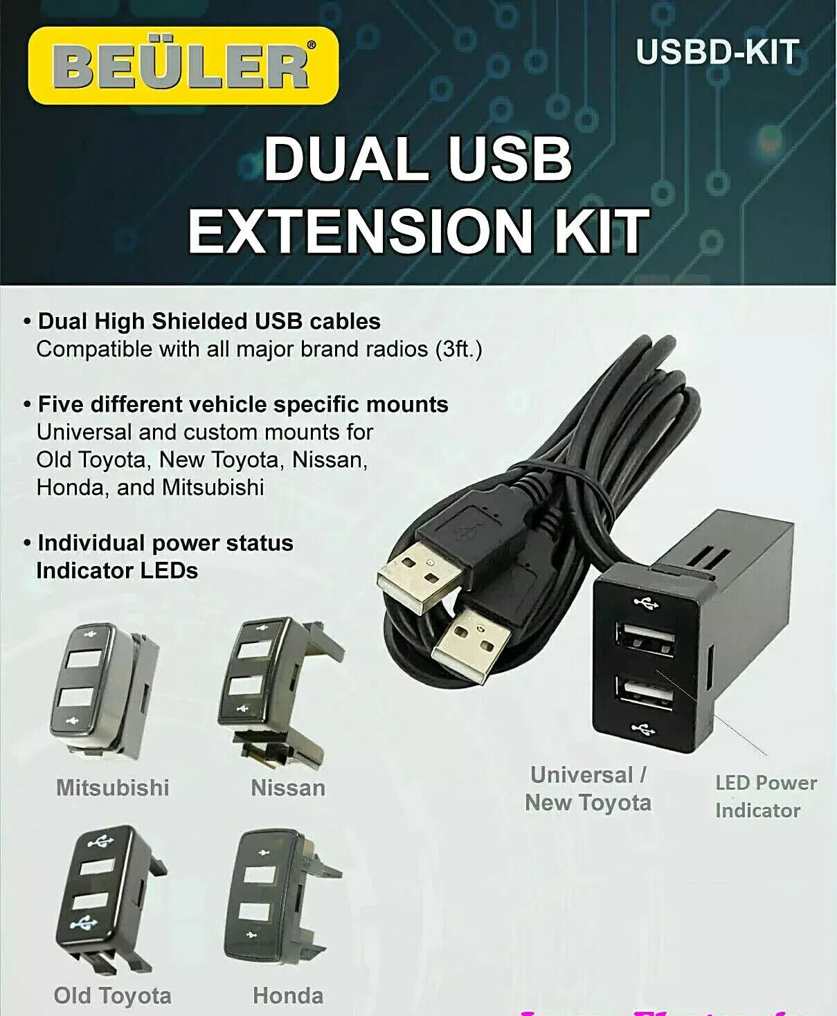 ACCELE BEULER USBD-KIT / 3-FT  DUAL USB DASH MOUNT EXTENSION KIT W/ 5 KNOCK OUTS