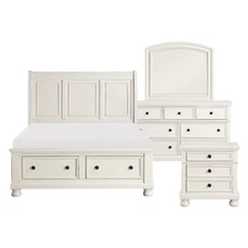 4 PC ANTIQUE WHITE QUEEN FOOTBOARD STORAGE BED N/S DRESSER BEDROOM FURNITURE SET