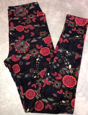 LuLaRoe OS Leggings Medallion Floral Curve Leaves Circles Navy Orange Green New
