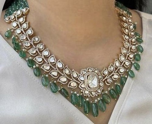 Collier En Argent 925 Avec Diamants Polki Naturels - 22 Pouces - Plaqué Or - Fait Main - Inde