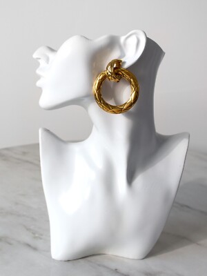 Chanel Vintage 1980s Gold Plated Door Knocker Quilted Hoop Clip On
