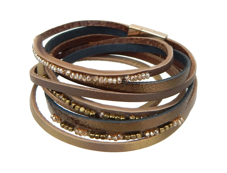 Ella Jonte Leder Armband Wickelarmband rosa o braun gold Magnet Verschluss 20 cm - Bild 2 von 4