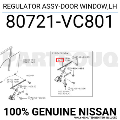 80721VC801 Genuine Nissan REGULATOR ASSY-DOOR WINDOW,LH 80721