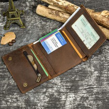 Men's Tri-fold Vintage Leather Biker Chain wallet With snap Closur Zipper Purse