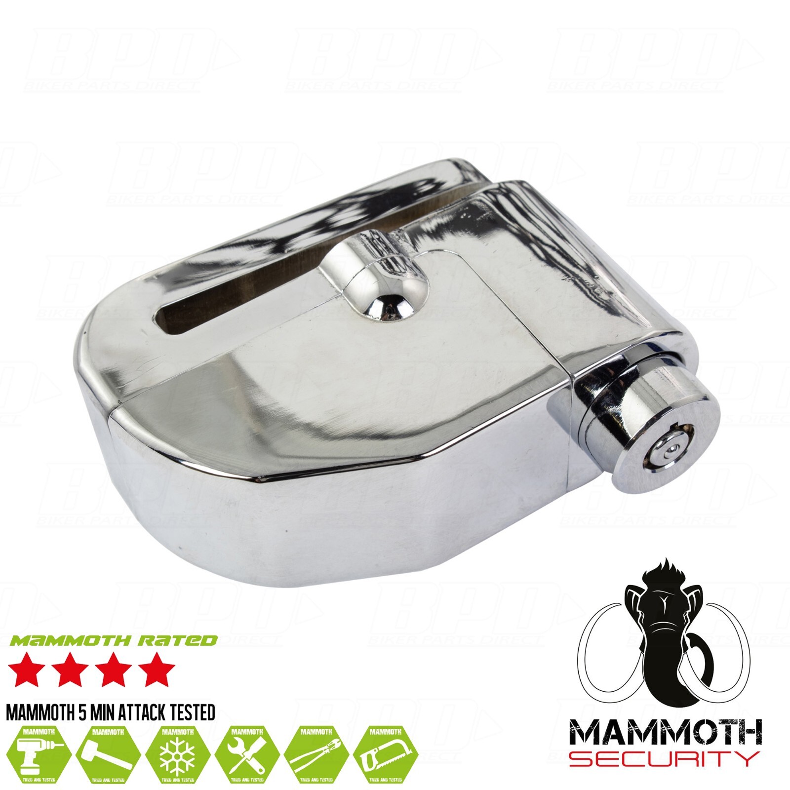 Mammoth Motorcycle Alarm Disc Lock 110dB 6mm Pin Chrome Scooter Bike Security