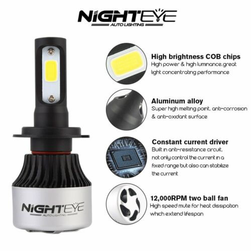 Nighteye Car 72W 9000LM H7 LED Conversion Headlight KIT Bulbs Cool White - Picture 3 of 7