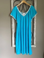 Shadowline Vintage Nylon Nightgown Turquoise Blue Lace Trim Flutter Sleeve NWT