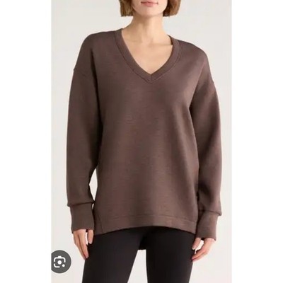 SPANX Brushed Air Essentials Tunic Espresso Brown V Neck Long Sleeve Top S NWT