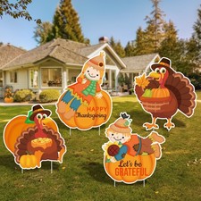 4 Pack Thanksgiving Outdoor Decoration Pumpkin Yard Sign with Stakes for Lawn