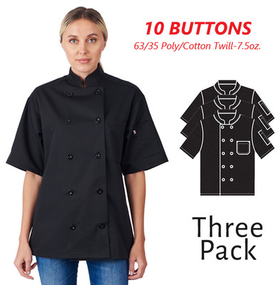 HiLite Classic Black Unisex Short Sleeve Chef Coat -530BK (3 Pack)