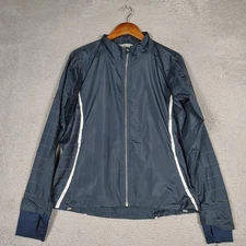 Athleta Jacket Women's Large Navy Striped Thumbhole Full Zip Windbreaker Active