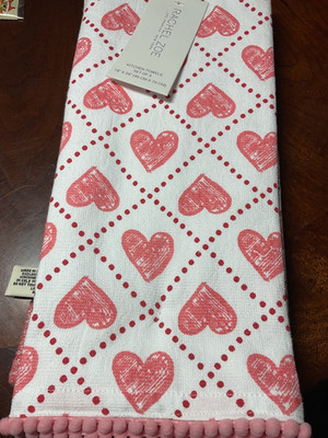 RACHEL ZOE KITCHEN TOWELS (3) HEARTS WHITE PINK RED 100% COTTON 18 X 28 NIP