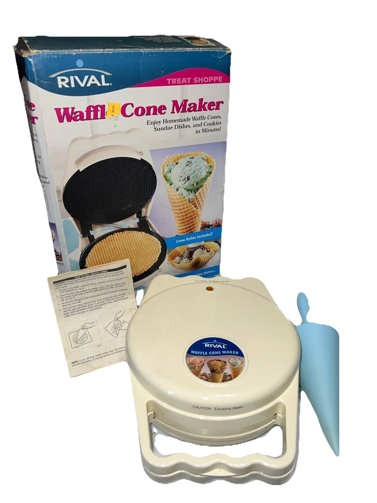 Vintage 2001 Rival Waffle Cone Maker Model WC800 White Cone Roller Manual Tested