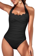 Women One Piece Tummy Control Swimsuit Halter Scallop Trim Bathing Suits 1 Pi...
